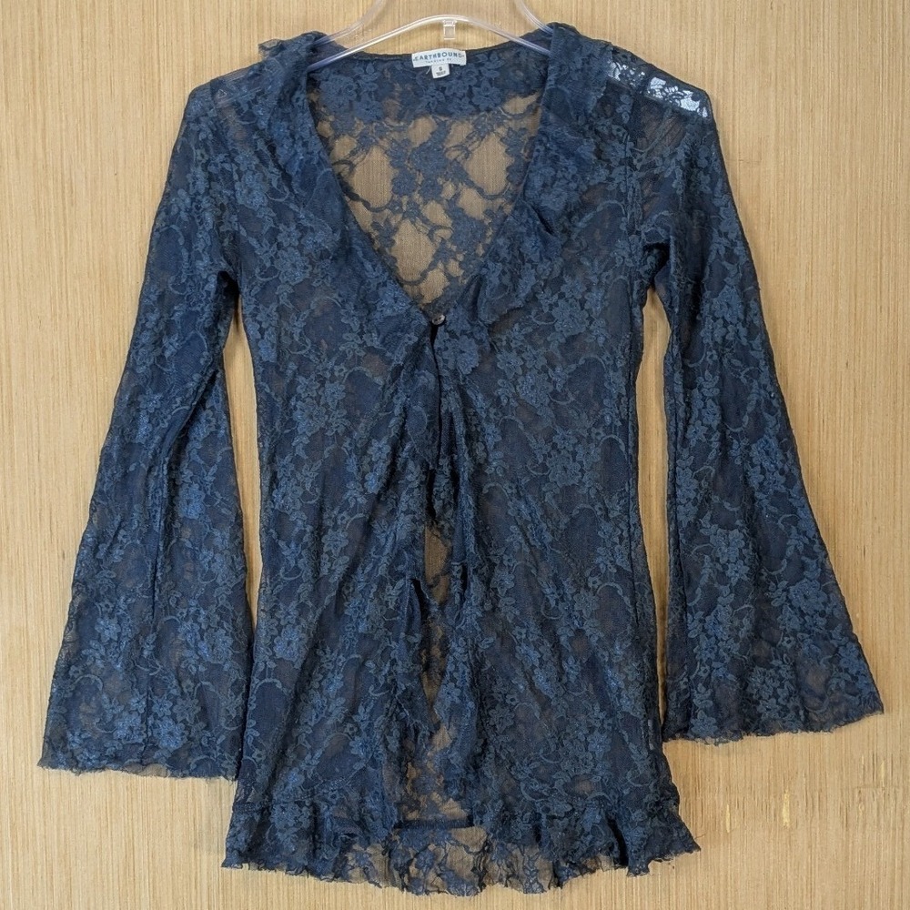 Earthbound Boho Fairy Grunge Floral Lace Bell Sleeve Ruffle Cardigan Size S Blue